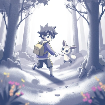 An anime character with large, expressive eyes and spiky hair is exploring a dense forest. The character wears a vibrant outfit adorned with various pouches and gear. Beside them, a small, cute creature with oversized ears and a fluffy tail hops energetically. The creature is looking up at the character with excitement. Sunlight filters through the tree canopy, creating a natural spotlight on the duo as they navigate through the underbrush, highlighting their adventurous spirit. Nearby, a few colorful flowers peek through the foliage, enhancing the lively atmosphere of their journey.