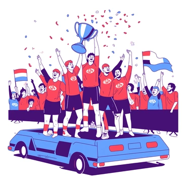 A group of athletes from a sports team is standing on a float, exuberantly celebrating their victory. They are wearing matching uniforms in various shades of red and blue, with their team's logo prominently displayed. One athlete, in the center, is holding up a gleaming silver trophy high above their head while others surround them, smiling and throwing confetti into the air. The float is decorated with colorful streamers and banners, and the background is filled with enthusiastic fans cheering and waving flags. The atmosphere is vibrant and festive, with a sense of joy and accomplishment.