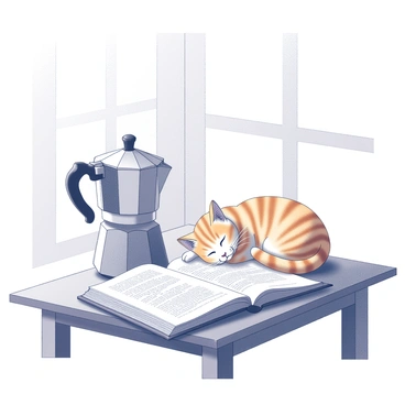 A moka pot sits on a small wooden table, steam rising gently from its spout. Next to it, an open book lies with pages slightly curled, revealing a page filled with text. A cute tabby cat with orange stripes is curled up asleep on the table, its body relaxed and eyes closed, basking in the soft afternoon light filtering through a nearby window. The setting has a calm atmosphere, with shadows cast softly over the surfaces.