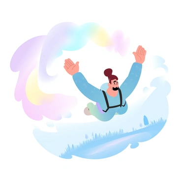 A skydiver is in a free fall position, with their arms spread wide as they leap from an airplane. They are wearing a colorful jumpsuit, which has different patterns and hues. Behind the skydiver, a vibrant smoke trail emerges, swirling in gradient pastel colors, creating an artistic display against the blue sky. The smoke trail forms a dynamic arc, blending with shades of pink, yellow, and lavender. Below, the ground is a distant view, with fields and trees visible, contrasting with the colorful spectacle above.
