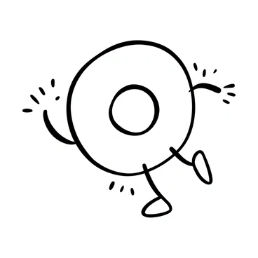 A cartoon character shaped like a "bagel" with "arms" and "legs" stands in a playful pose. The bagel body has a smooth, rounded surface, featuring a light texture that resembles a baked good. The character's arms are thin and flexible, extending outwards as if in a cheerful gesture. The legs are short and sturdy, positioned to give a sense of balance. The character's presence is lively, with a sense of energy conveyed in its stance.