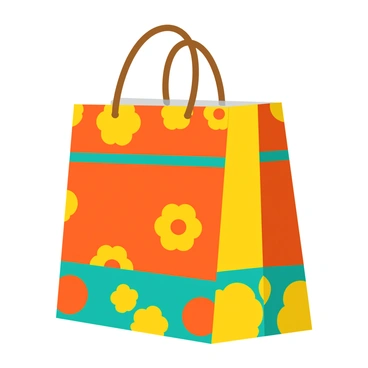 A vintage-style shopping bag featuring bold retro patterns in vibrant colors. The bag is made of sturdy paper and has a flat bottom to allow it to stand upright. The patterns include geometric shapes and floral designs that wrap around the sides, while the handles are made of brown twisted paper. The colors are bright and include shades of orange, teal, and yellow, giving the bag a nostalgic appearance.