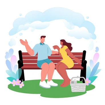 Two friends are sitting on a wooden park bench surrounded by lush green grass and colorful flowers. One friend is wearing a light blue shirt and shorts, while the other is in a bright yellow dress. They are both leaning slightly towards each other, with one friend gesturing animatedly with their hands. Above them, the sky is a gradient of soft pastel blue with fluffy white clouds scattered throughout. Sunlight filters through the trees, casting dappled light around them. A nearby picnic basket is placed on the grass beside the bench.