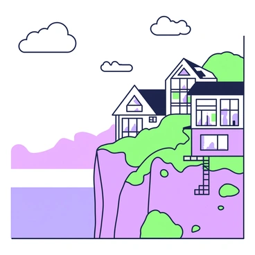 A series of homes are built into the side of a steep cliff. The architecture of the homes features large windows that offer impressive views of the vast ocean below. Each home has a unique design, with varying shapes and sizes, creating a harmonious blend with the rocky terrain. The cliff face is rugged and steep, with patches of greenery clinging to its surface. The ocean is expansive and calm, reflecting light. Above the scene, the sky is clear, with a few scattered clouds creating a tranquil atmosphere.