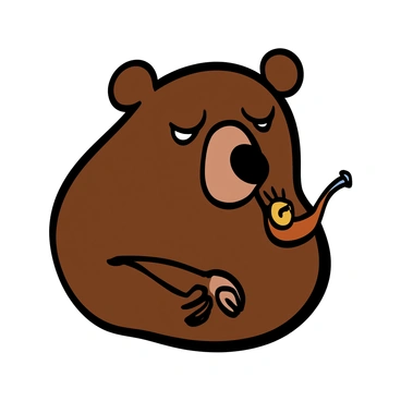 A bear's head with thick fur and prominent ears is holding a classic smoking pipe in its mouth. The bear has a thoughtful expression, with its eyes slightly narrowed and brows furrowed. Its nose is large and dark, and the fur color is a mix of brown and black. The smoking pipe is elegantly crafted, with a curved stem and a shiny bowl. The bear's head is positioned at an angle, suggesting deep contemplation.