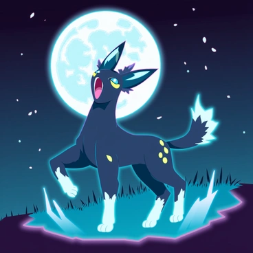 An Umbreon with sleek black fur and bright yellow rings is howling at a full moon that illuminates the night sky. The moon is large and vibrant, casting a silvery glow across the landscape. Surrounding the Umbreon is a mystical aura that appears as a swirling mist, enhancing its presence. The grass beneath its paws is illuminated with an ethereal light, creating a striking contrast against the dark surroundings. Stars twinkle in the sky, adding to the enchanting atmosphere of the scene.