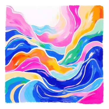 A vibrant colored pencil drawing features swirling waves of color that blend into one another. The waves are composed of rich hues of blue, green, yellow, pink, and orange, creating a dynamic flow. Each wave has a distinct texture, showcasing the layering of colors. The interplay between light and shadow gives depth to the swirling patterns, emphasizing movement. The overall composition is captivating, drawing the viewer's eye to the transitions and interactions between the colors.