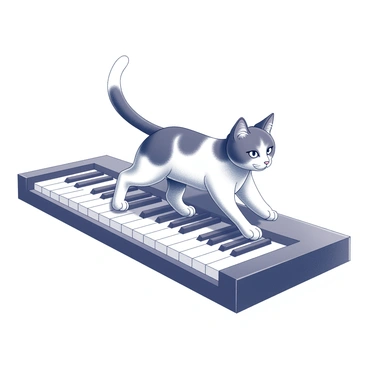 A black-and-white cat walking gracefully across a set of piano keys. The cat has distinct patches of black and white fur, with a long tail held high. The piano has a polished surface, reflecting the light, and the keys are arranged in a straight line, showcasing the contrast between the black and white keys. The cat's paws gently press down on the keys as it moves, creating a harmonious visual of music and movement. The background is subtle, allowing the focus to remain on the cat and the piano.