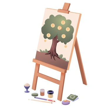 A digital flat illustration depicting an easel set in an open space. On the easel, there is a painting of a "growing savings tree" with vibrant green leaves and golden coins hanging from its branches. The trunk of the tree is sturdy and textured, conveying a sense of growth. At the roots of the tree, various art tools such as paintbrushes, palettes, and pencils are scattered, symbolizing creativity and the nurturing of ideas. The background is a soft, neutral color, emphasizing the easel and the painting in the foreground.
