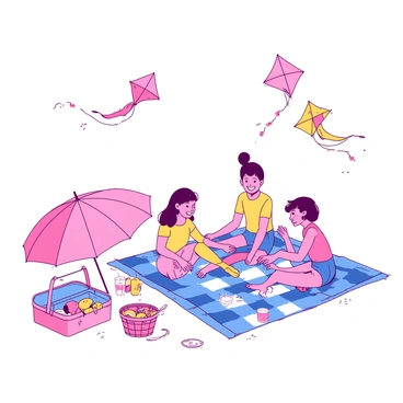 A group of people is sitting on a blue and white checkered picnic blanket spread on the sandy beach. There are several colorful umbrellas providing shade, each in different hues of pink and yellow. Children are running around, flying kites that flutter in the sky above; one kite is shaped like a dragon while another resembles a butterfly. Nearby, a picnic basket is open, revealing a selection of fruits, sandwiches, and drinks. Laughter and joy fill the air as families share moments together under the bright sun.