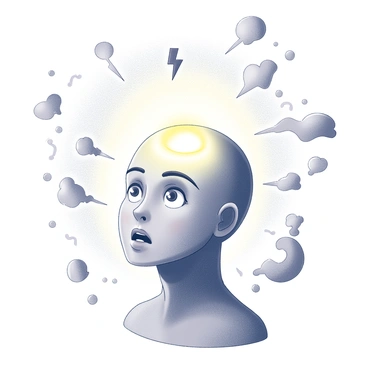 A human figure is depicted with a bright, illuminated pineal gland at the center of the forehead. Radiating from the gland are various shapes and symbols representing different emotions and thoughts. These symbols include hearts for love, lightning bolts for anger, and swirling lines for confusion. The expressions on the figure's face reflect a range of emotions, with eyebrows raised in surprise and mouth slightly open in contemplation. The background is filled with abstract forms that suggest movement and energy, enhancing the overall dynamic of the image.