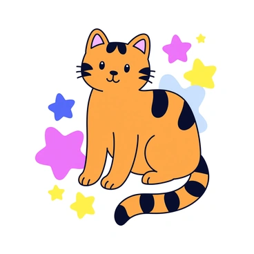 A tattoo of a tabby cat with distinct orange and black stripes. The cat is depicted in a sitting position, looking directly at the viewer. Surrounding the cat are splashes of vibrant colors, such as pink, blue, and yellow, blending in an artistic manner. The overall design showcases a playful and lively representation of the tabby cat.