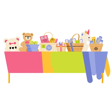 A rectangular table covered with a colorful cloth, displaying a variety of prizes for bingo winners. The table features several plush toys in different shapes, including a large teddy bear with a red bow, a small cat with blue stripes, and a fluffy unicorn. Alongside the plush toys, there are multiple gift baskets filled with goodies, each wrapped in cellophane and tied with colorful ribbons. Some baskets contain gourmet snacks, while others are filled with fun games and puzzles. The prizes are arranged neatly, creating a vibrant and inviting scene for participants.