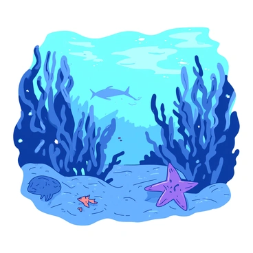 A blue dense kelp forest underwater with long, flowing kelp fronds swaying gently in the current. Sunlight filters through the surface, creating patterns of light and shadow on the ocean floor. Various marine life, including small orange fish darting among the kelp and a purple sea star resting on the sandy bottom, inhabit the scene. In the background, a silhouette of a larger fish can be seen gliding through the kelp, adding to the vibrancy of the ecosystem.