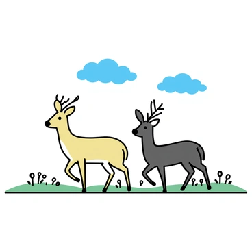 A pair of roe deer, one with a light brown coat and the other slightly darker, walking side by side in an open field. The field is covered with green grass and dotted with small wildflowers. Above them, a blue sky stretches with a few fluffy white clouds. The deer have alert postures, with their heads raised and ears perked, as they move gracefully across the landscape.