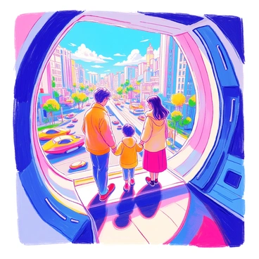 A family of four is standing inside a sleek, futuristic transportation pod. The pod features large, transparent windows allowing a panoramic view of a vibrant city filled with tall, modern buildings and greenery. The parents, a man and a woman, are guiding their two children, a boy and a girl, as they gaze out in awe at the bustling streets below. The children are pointing excitedly at colorful hovercrafts and robots moving along the pathways. The interior of the pod is designed with smooth lines and soft lighting, showcasing advanced technology controls. Outside, the sky is bright blue, adding to the lively atmosphere of the cityscape.