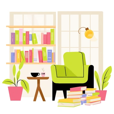 A small library nook inside a cafe, with shelves full of books and a reading light