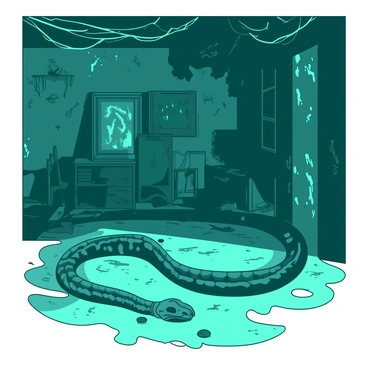 A teal snake skeleton is winding its way through the dimly lit shadows of an old haunted mansion. The mansion's walls are covered with cracked, peeling paint, revealing hints of white beneath. Cobwebs hang from the corners of the ceiling, and dust particles float in the air, illuminated by faint beams of light. The skeleton is partially obscured by the darkness, with some of its bones glimmering as they catch the light. In the background, there are dilapidated furniture pieces and broken picture frames, contributing to the eerie atmosphere of the scene.