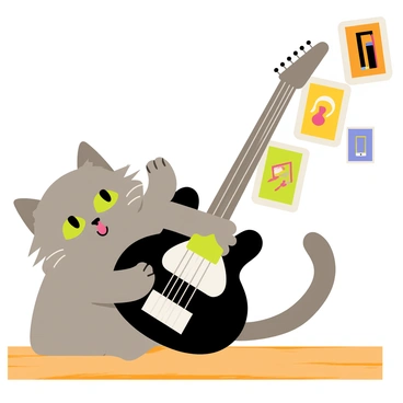 A fluffy gray cat with bright green eyes is curiously batting at the strings of an electric guitar. The guitar is black with a shiny finish, positioned on a wooden floor. The cat’s paw is raised, gently swatting at the silver strings, and its tail is playfully flicking in the air. The background contains a few colorful music posters on the wall, adding to the lively atmosphere of the scene.
