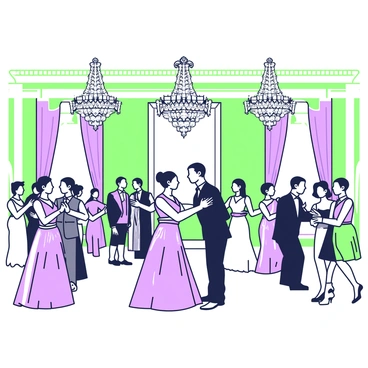 A grand Victorian ballroom is filled with elegantly dressed guests. The guests are wearing elaborate gowns and tailored suits, adorned with intricate details such as lace and embroidery. In the center of the room, couples are dancing gracefully, their movements synchronized to the rhythm of the music. Above them, ornate chandeliers made of crystal hang from the ceiling, casting shimmering light across the floor. The walls are decorated with rich tapestries and gilded moldings, enhancing the opulent atmosphere of the ballroom. A large mirror reflects the scene, adding depth to the lavish setting.