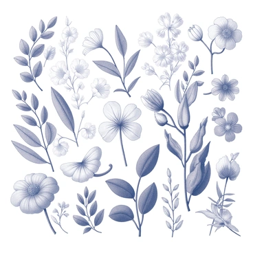An illustration board filled with a diverse array of botanical plants and flowers. The composition includes various types of foliage, with detailed leaf structures and textures. Multiple flowers are arranged throughout the board, showcasing distinct shapes and sizes. Each plant is carefully outlined, revealing intricate details in both the petals and leaves. The background is minimal, allowing the plants to stand out prominently. The overall arrangement creates a harmonious and balanced display of nature's variety.