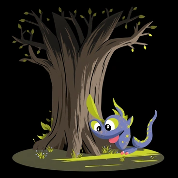 A mythical creature with shimmering scales and large, expressive eyes is peeking from behind a gnarled tree in a shadowy forest. The tree has thick, twisted branches and dark green leaves. The forest floor is covered in moss and small, colorful flowers, while dappled sunlight filters through the canopy, casting soft shadows around the creature. The creature's pointed ears and a long, flowing tail are partially visible as it curiously observes its surroundings.