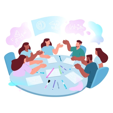 A group of students is gathered around a large table, collaborating on a team project together. Various art supplies, including colored markers, paintbrushes, and sheets of colored paper, are scattered across the table. Each student is focused on their task, with one student gesturing towards the paper while another is writing notes. Brightly colored sketches and concepts are displayed around them, showcasing their ideas. The atmosphere is lively and dynamic, reflecting their engagement and enthusiasm for the project.