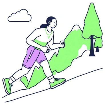 A focused runner is ascending a steep, challenging hill. The runner has a determined expression, showcasing their concentration and effort. They are wearing a fitted athletic outfit designed for performance, including a moisture-wicking shirt and lightweight shorts. Their shoes have a sturdy grip, specifically designed for uphill running. In the background, there are rugged terrains and towering trees flanking the path, emphasizing the difficulty of the incline. The sky above is clear, indicating bright weather conditions that add to the intensity of the moment.