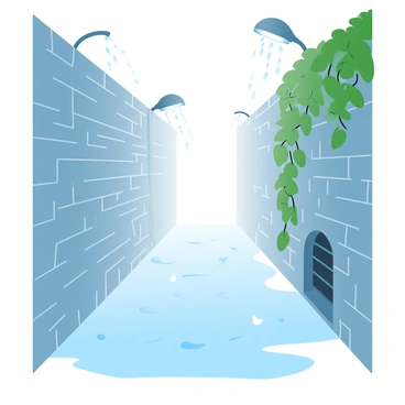 A narrow alley with water streaming down the sides during a rain shower