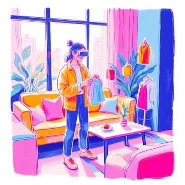 A person is standing in a living room while wearing augmented reality glasses. The room is furnished with a comfortable sofa and a coffee table. The person is holding a virtual clothing item that is displayed in front of them. Around them, various digital clothing options float in the air, showcasing different colors and styles. The living room has a large window that lets in natural light, and a few plants are positioned near the window, adding greenery to the space. The person appears focused and engaged as they interact with the virtual clothing.