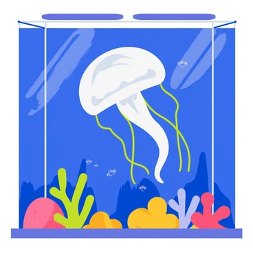 A jellyfish with a translucent dome-shaped body and long, flowing tentacles is gracefully swimming in a modern aquarium display. The aquarium has a sleek glass design, allowing clear visibility from all angles. Vibrant blue lights illuminate the water, casting a serene glow on the jellyfish as it pulsates rhythmically. Colorful coral formations are positioned at the bottom of the aquarium, providing a natural habitat feel. Small, shimmering fish can be seen swimming in the background, creating a lively underwater scene.