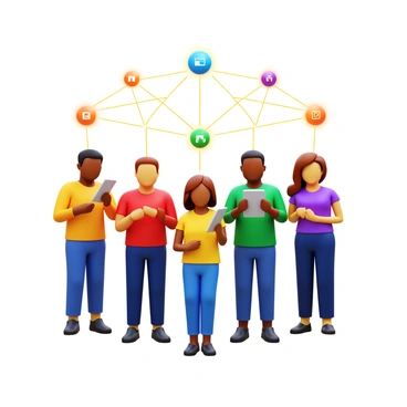 A group of diverse people standing together, each connected by a web of "glowing lines" that radiate light. The individuals are holding "digital devices" in their hands, displaying various "icons" representing different digital assets. The glowing lines pulsate with energy, creating a dynamic visual connection between the people as they engage with each other. Each person's expression reflects concentration and focus as they participate in the exchange, emphasizing the collaborative nature of the scene.
