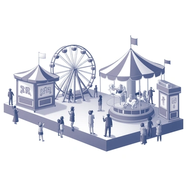 A bustling carnival scene filled with various attractions. There are several amusement rides, including a ferris wheel with large, circular shapes and a carousel featuring horses in mid-gallop. Game booths line the area, displaying simple geometric shapes as prizes. People are gathered around, interacting with the rides and games, some with hands raised in excitement. The atmosphere is joyful, with families and friends enjoying their time together in this vibrant setting.