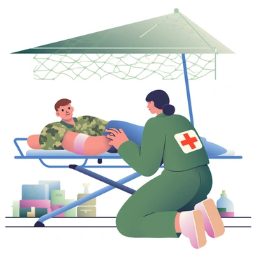 A field nurse with light skin and brown hair tied back is kneeling beside a wounded soldier on a stretcher. The soldier has short dark hair and is wearing a camouflage military uniform. The nurse is wearing a green medical uniform with a white cross emblem. She is carefully applying a bandage to the soldier's arm, her focused expression showing her dedication. Above them, there is a camouflage net tent providing shade, with the sunlight filtering through, creating soft shadows on the ground. In the background, there are hints of a military campsite, with supplies and equipment arranged neatly.