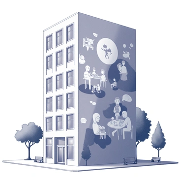 A tall city building prominently features a large mural on its side. The mural depicts various scenes of community life, showcasing people engaging in different activities. There are families enjoying a picnic in a park, children playing games, and neighbors chatting. The building has numerous windows reflecting the mural's vibrant theme, and the surrounding area includes trees and benches, inviting passersby to stop and admire the artwork. The overall composition captures the essence of urban life and community connections.