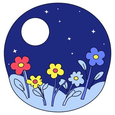 A field of various blooming flowers in vibrant colors, such as red, yellow, and blue, is illuminated by gentle moonlight. The moon is full and bright, casting a soft glow over the landscape. A dark blue sky is filled with twinkling stars that add to the nighttime ambiance. The flowers are swaying slightly in a light breeze, with their petals glistening in the moonlight.