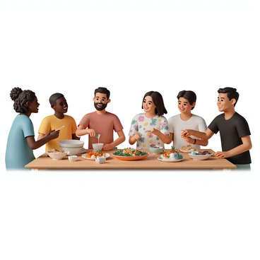 A diverse group of six people, representing different ethnic backgrounds, is seated at a long wooden table. The table is covered with vibrant dishes from various cuisines, including a colorful mixed salad, a fragrant curry, a platter of sushi, and a large bowl of pasta. Each person is smiling and engaged in conversation, passing food to one another. To the left, a woman with curly hair and a blue dress is serving rice from a large bowl. In the center, a man with glasses and a red shirt is pouring drinks into glasses. To the right, a woman in a floral blouse is reaching for a plate of tacos while a man in a black t-shirt laughs at a joke. The setting is warm and inviting, with soft lighting illuminating the scene.