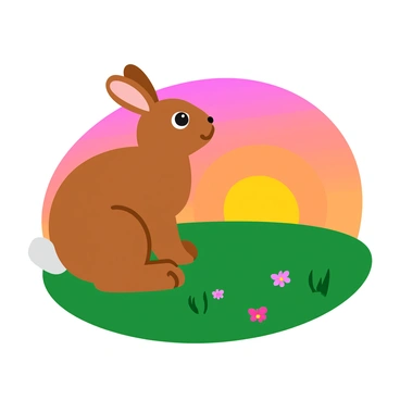 A cute hare with soft, brown fur is sitting on a grassy hilltop. The hare is gazing at a vibrant sunset where the sky is filled with warm hues of orange, pink, and purple. The silhouette of the hill is gently rounded, and a few scattered flowers are blooming around the hare. The sun is low on the horizon, casting a warm glow over the scene. The hare's ears are perked up, and its eyes are wide as it watches the colorful sky.