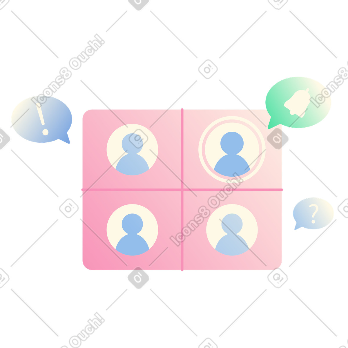 Four user avatars in video call grid, Online meeting notifications interface illustration Beam style download PNG, SVG