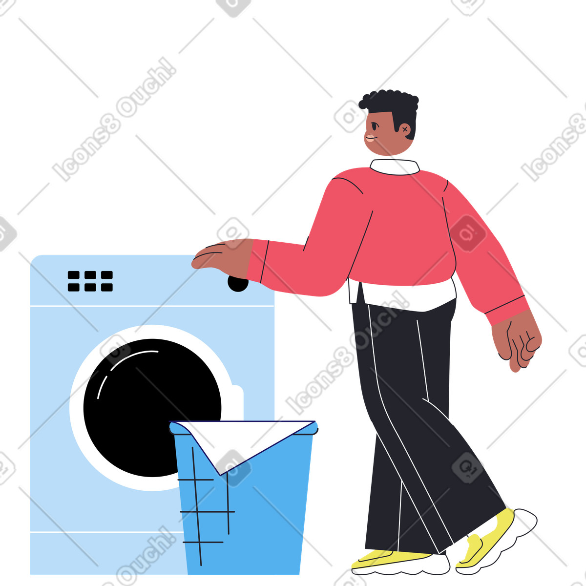 Person doing laundry in washing machine, home chores and daily routine illustration Boba style download PNG, SVG