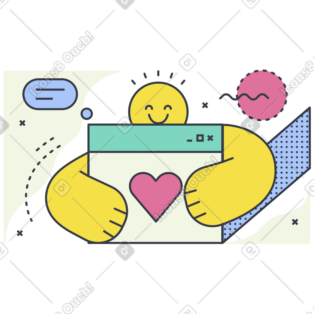 Smiling character hugging website window with heart, User appreciation and positive feedback illustration in Abstract style download in PNG, SVG