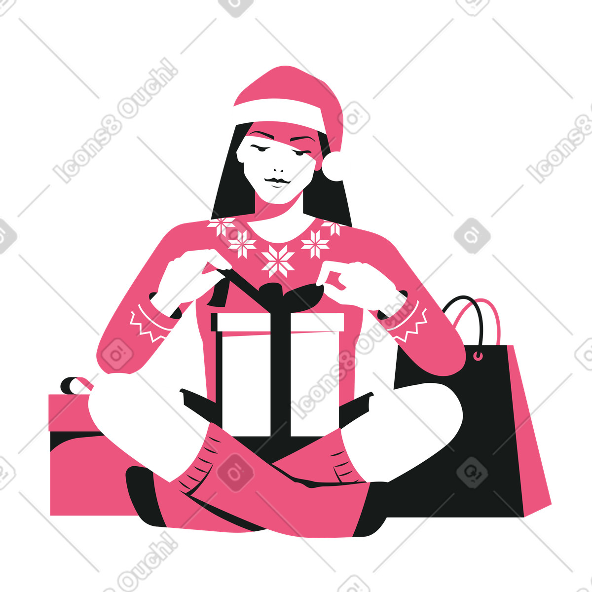 Illustration Femme ouvrant un cadeau de noël dans le style Lounge à télécharger aux formats PNG, SVG