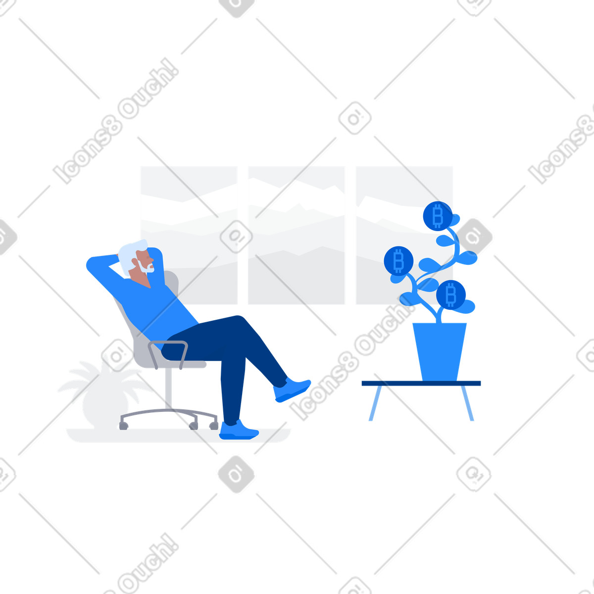 Relaxed investor watching bitcoin plant growth, Passive income from cryptocurrency illustrazione in stile Urban scarica in PNG, SVG