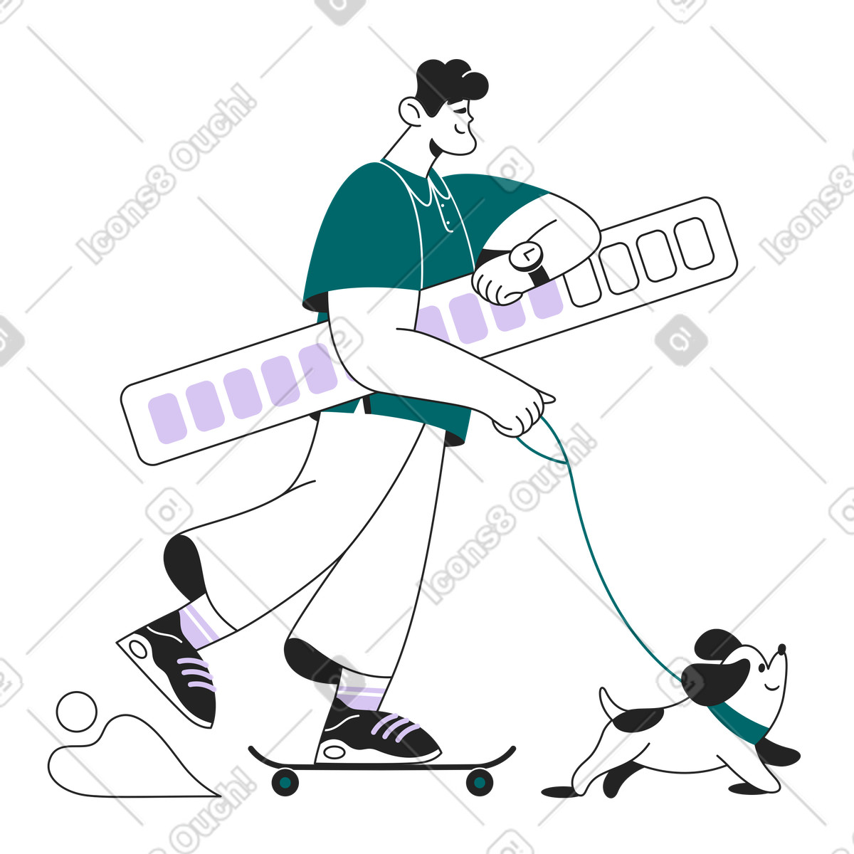 Walking dog on skateboard while measuring progress, time management or task progress illustration in PNG, SVG