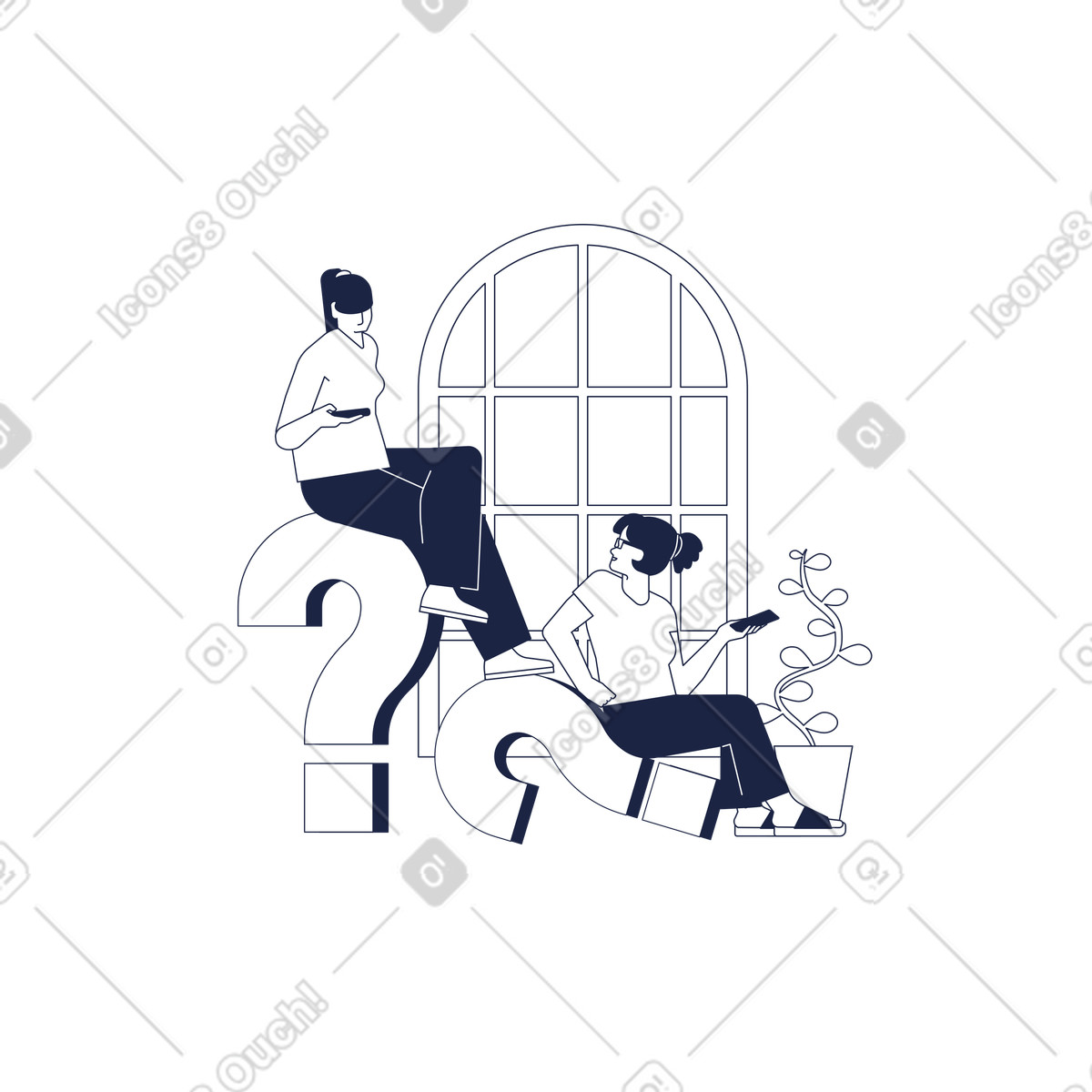 Ilustração de Duas mulheres sentam-se em pontos interrogação no estilo Urban Line para baixar PNG, SVG