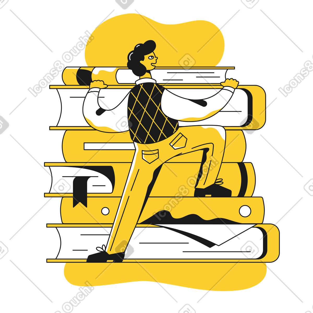 Studente che si arrampica su una pila di libri gigante illustrazione in stile Taxi scarica in PNG, SVG