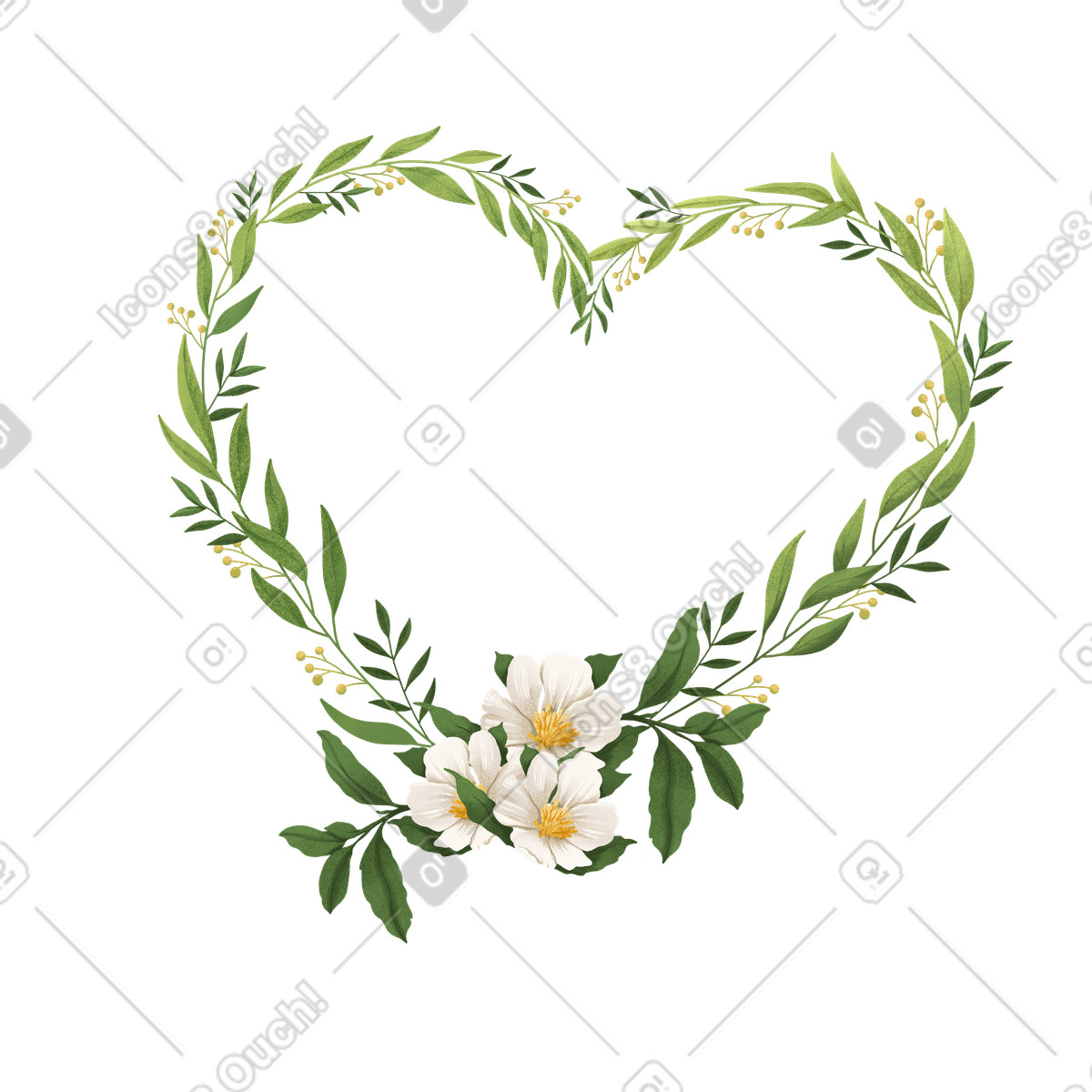 Ilustración Heart of green twigs and white rosehip flowers en estilo Floral a descargar en PNG y SVG