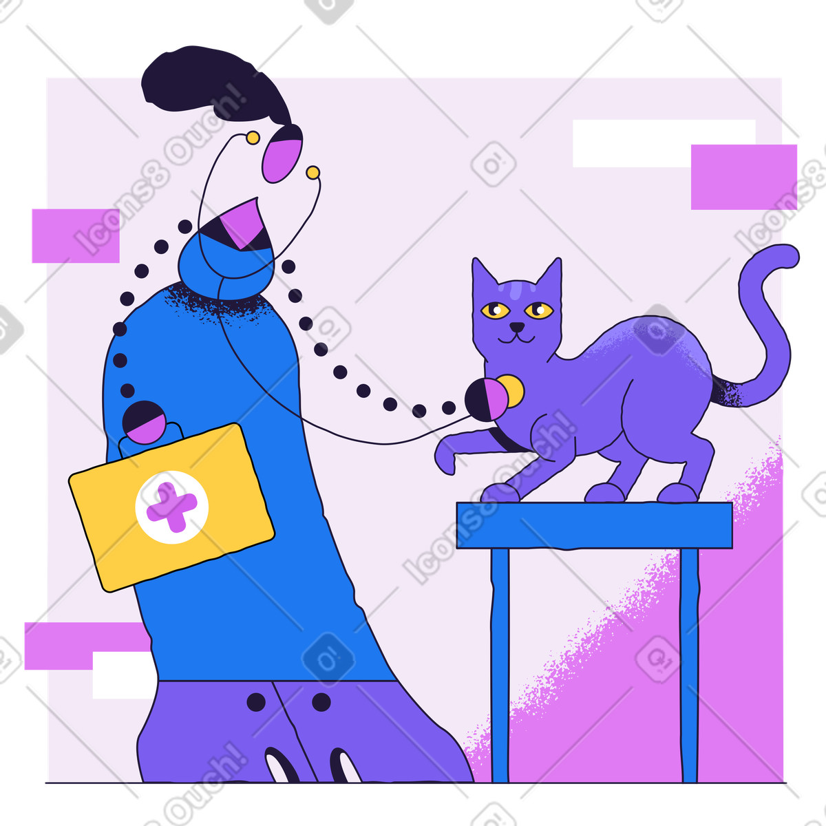 Illustration Vétérinaire examinant un chat domestique avec stéthoscope dans le style Conifer à télécharger aux formats PNG, SVG