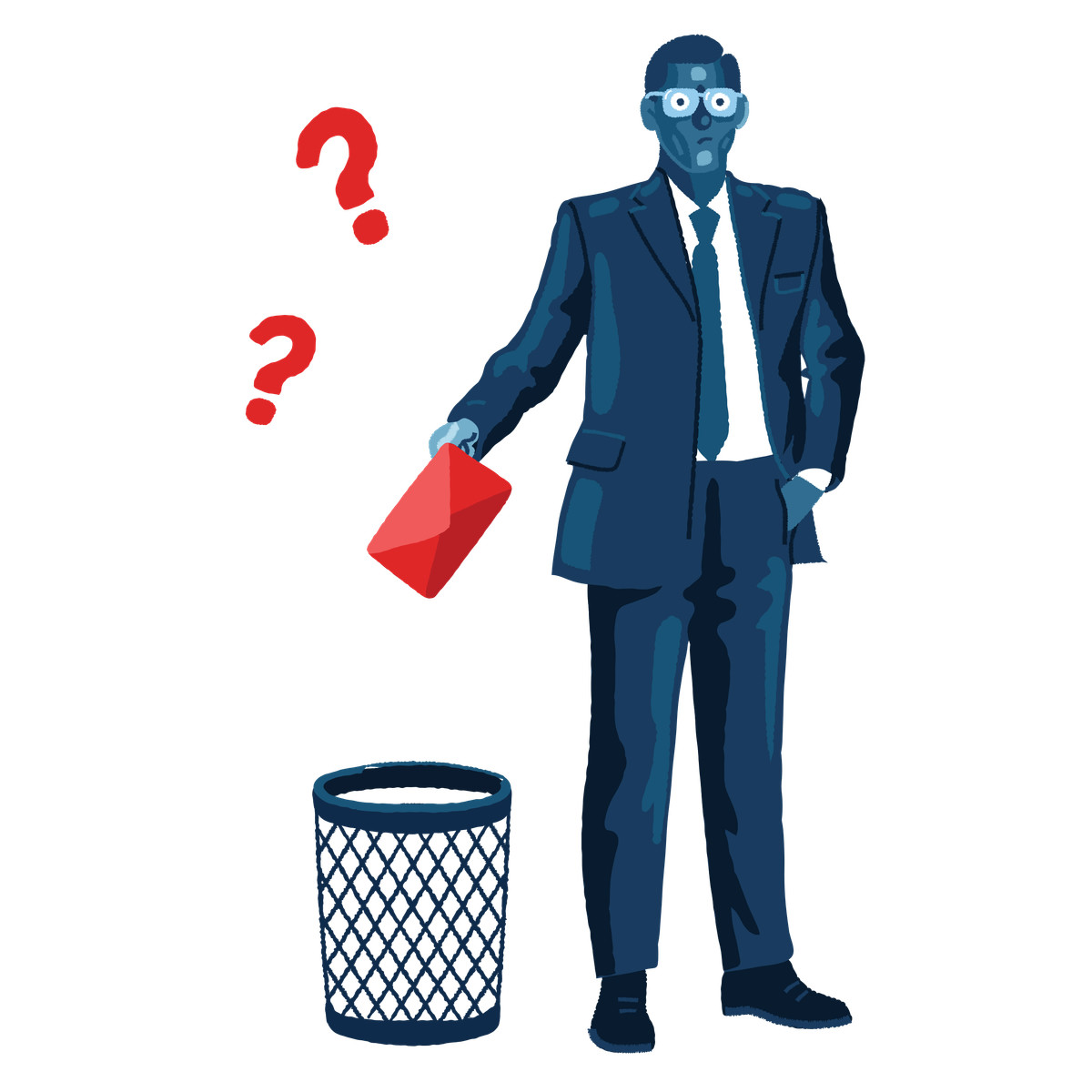 Illustration Confused businessman with envelope over trash bin, Delete confirmation concept dans le style Cherry à télécharger aux formats PNG, SVG