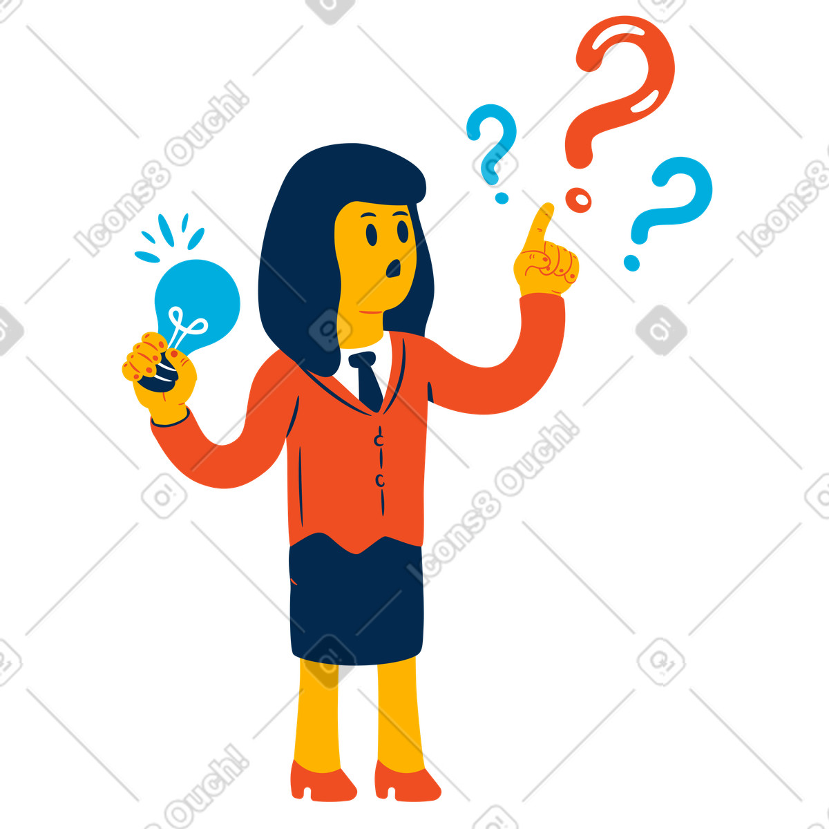 Flame 스타일의 Woman holding an idea light bulb solving the questions 일러스트레이션 PNG, SVG 다운로드